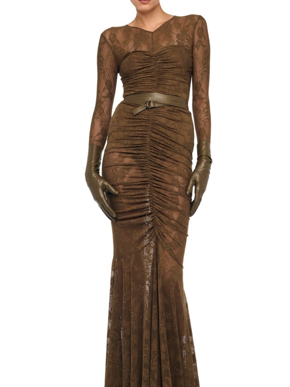 Norma Kamali V Neck Shirred Front Fishtail Gown
